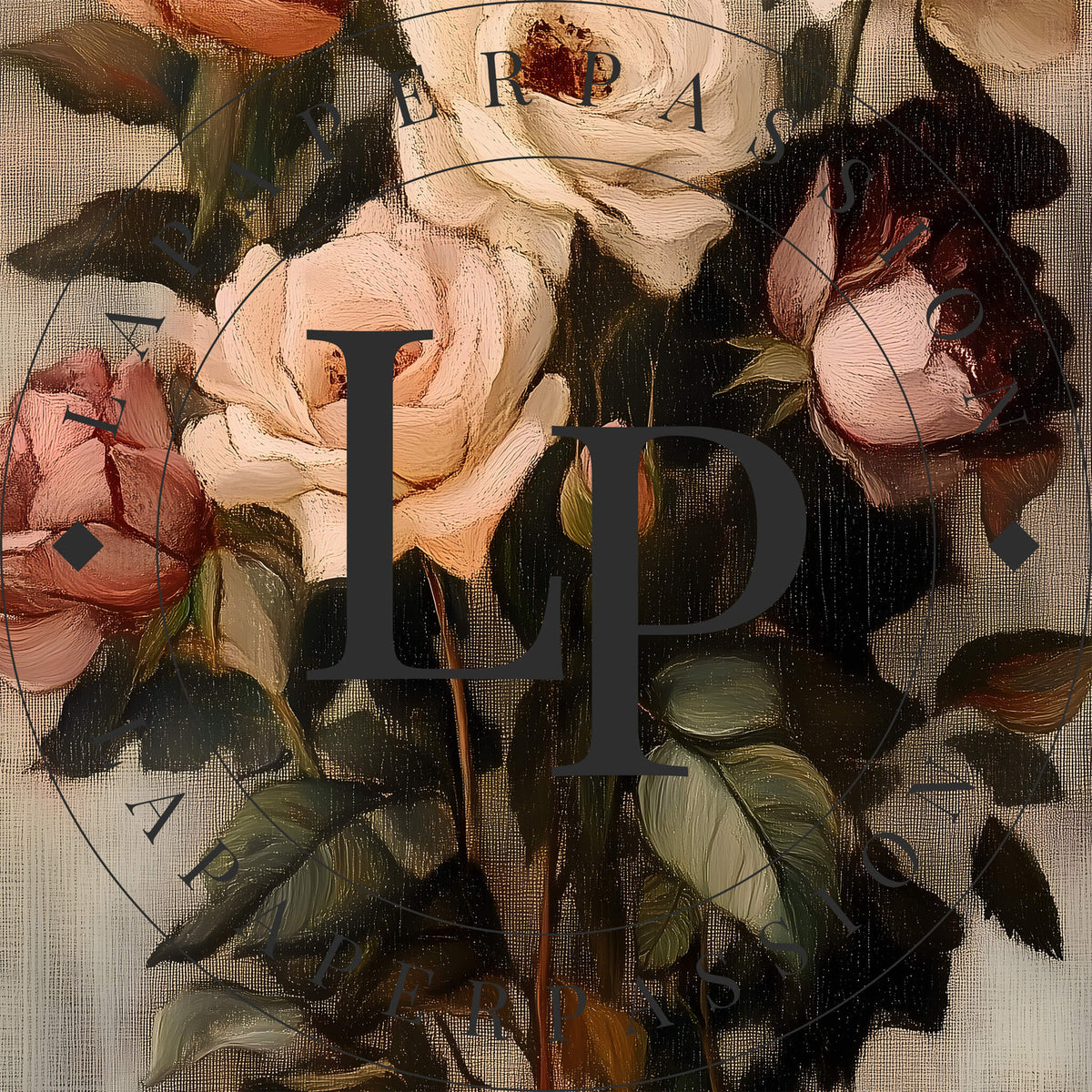 Vintage Rose Nursery Art print colors red pink cream stem of roses vintage oil  aesthetic