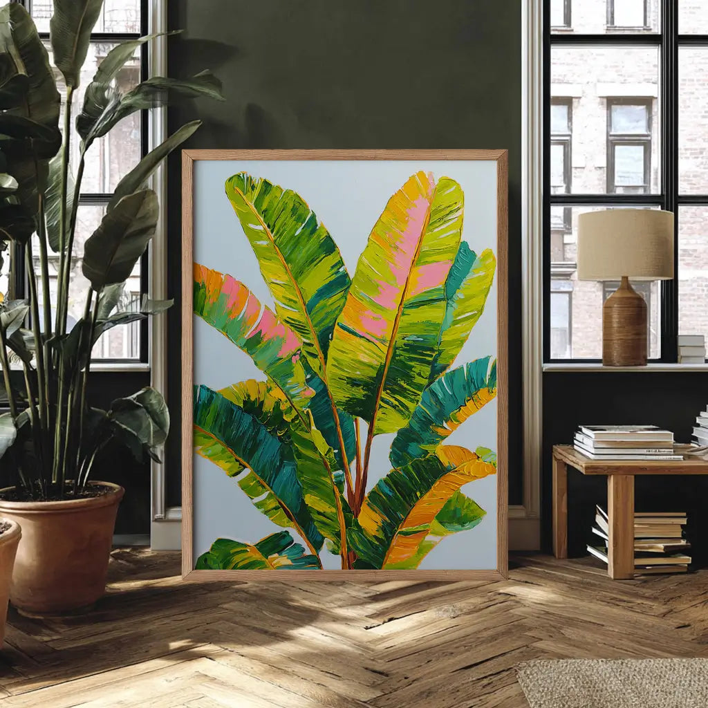 Tropical banana leaf wall art print in soft green botanical style