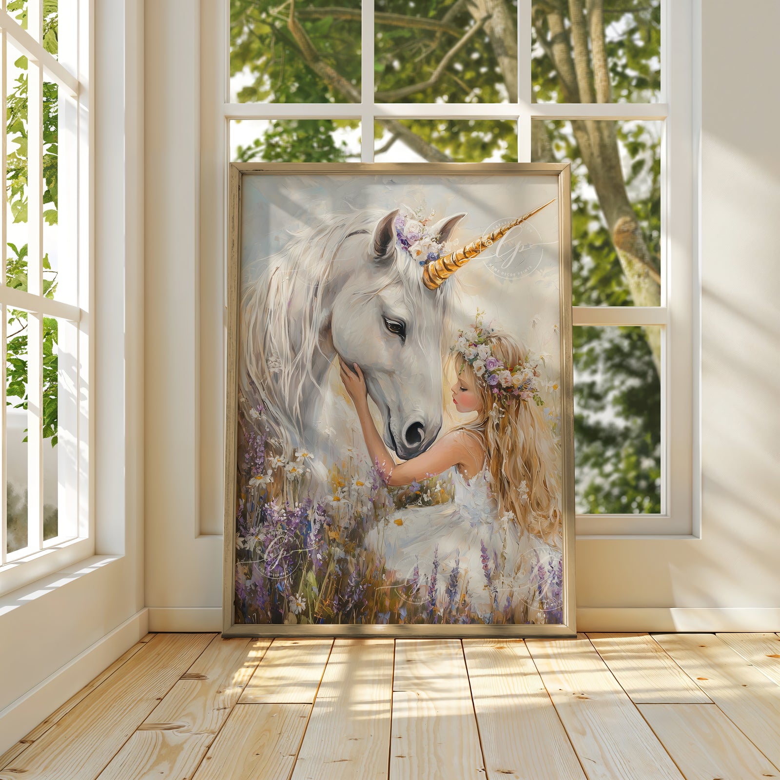ORIGINAL unicorn wall art! Featuring a charming girl in a lilac field,