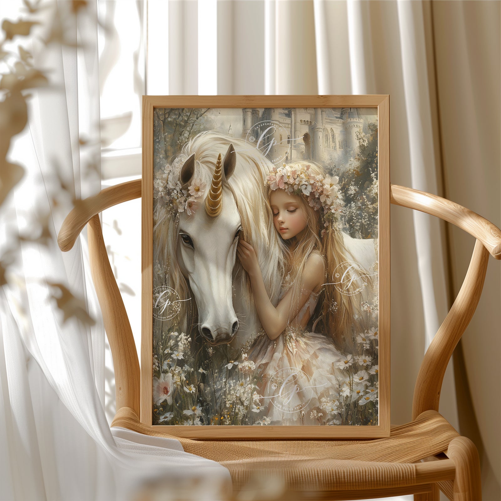 unicorn wall art prints for girls bedroom in creamy pastel colours