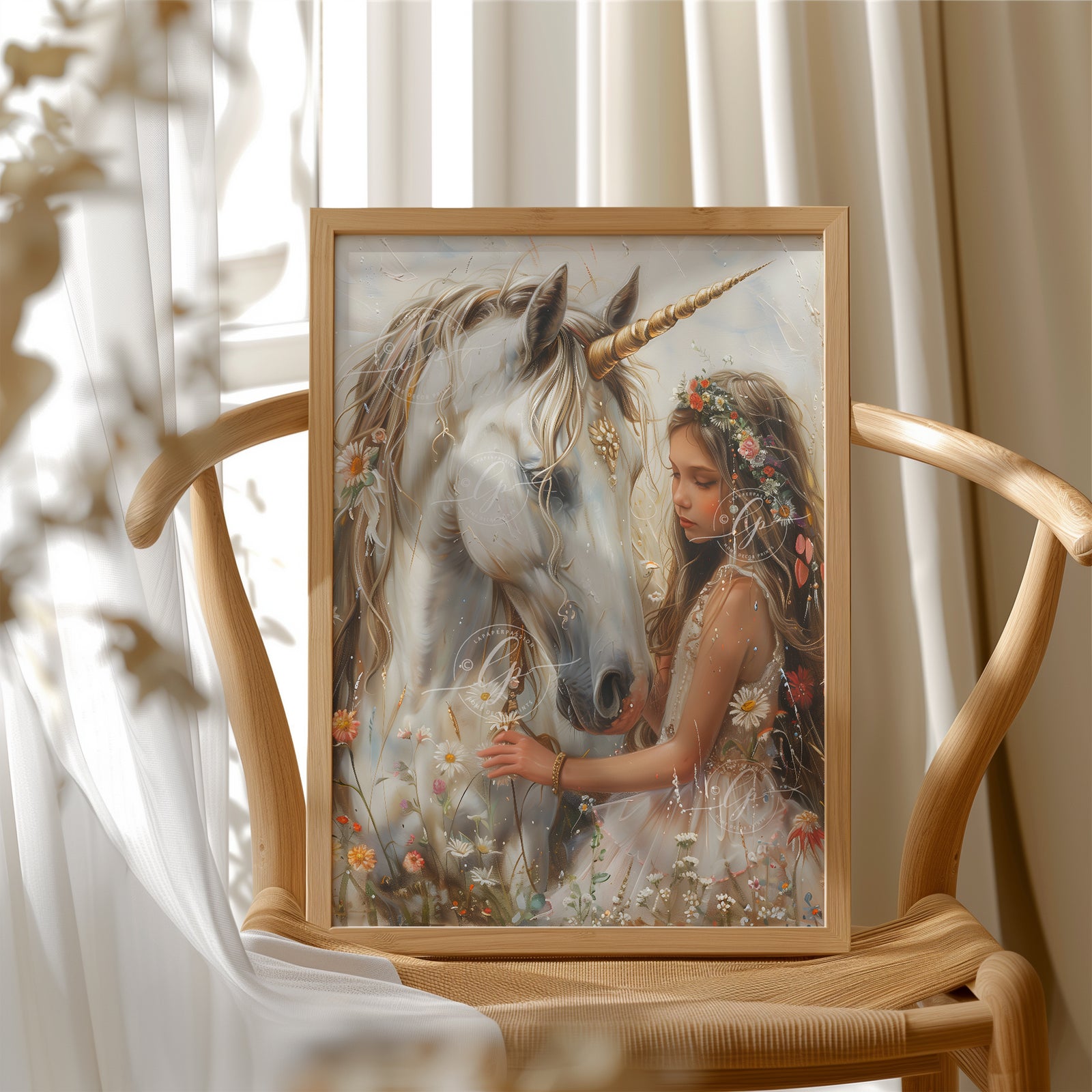 Unicorn and wildflowers wall art hanging in a girl’s bedroom, featuring soft colors and a whimsical design.