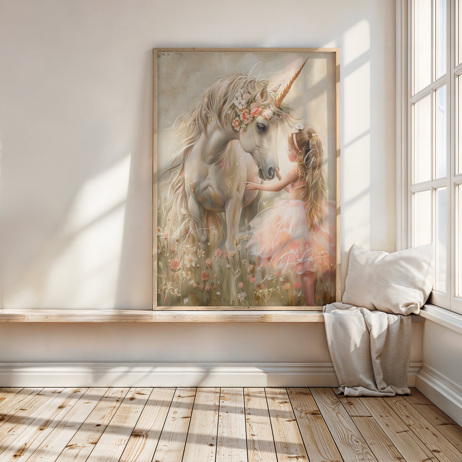 Girl hugging a unicorn in a wildflower field – whimsical unicorn wall art for nursery or child’s bedroom.

