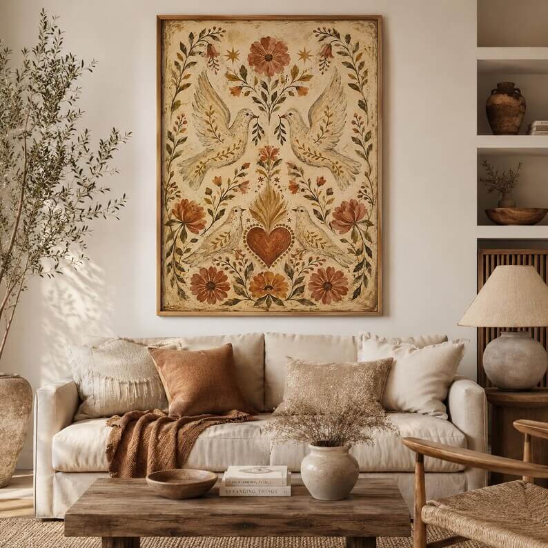 Celestial dove wall art print featuring white birds, a sacred heart, stars and vintage botanical flowers in earthy tones.