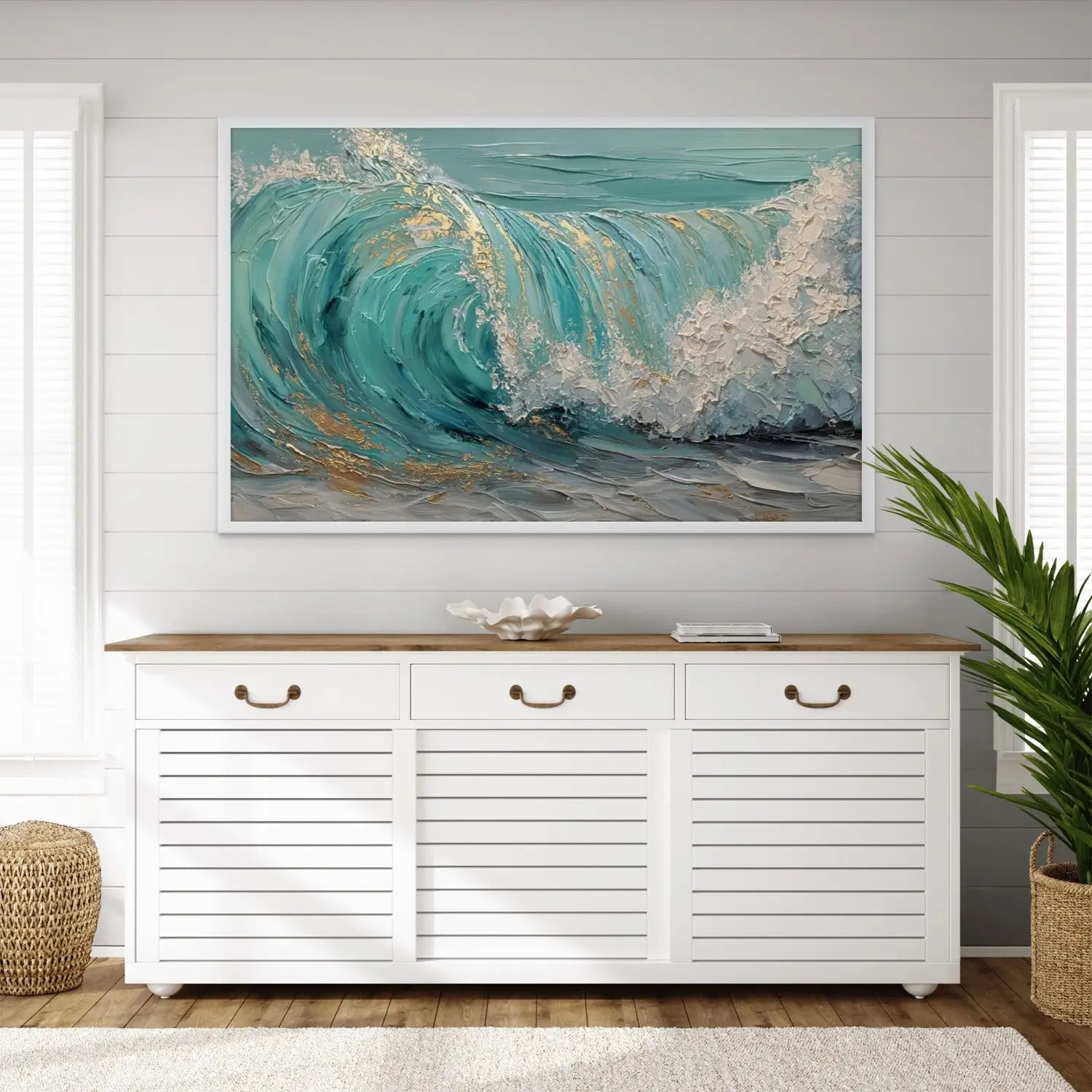 Turquoise wave wall art in modern white coastal living room