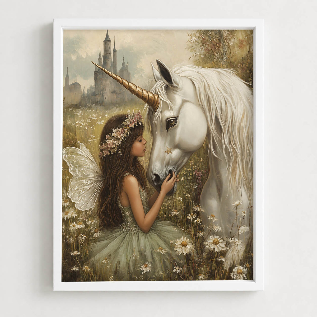 Girls fairytale bedroom print featuring a young fairy with wings beside a white unicorn in a dreamy flower meadow.
