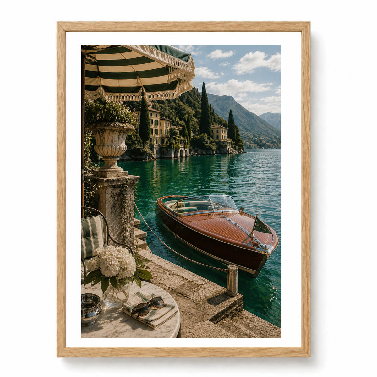 Italian summer with this Lake Como inspired wall art print, featuring an elegant vintage wooden speedboat 