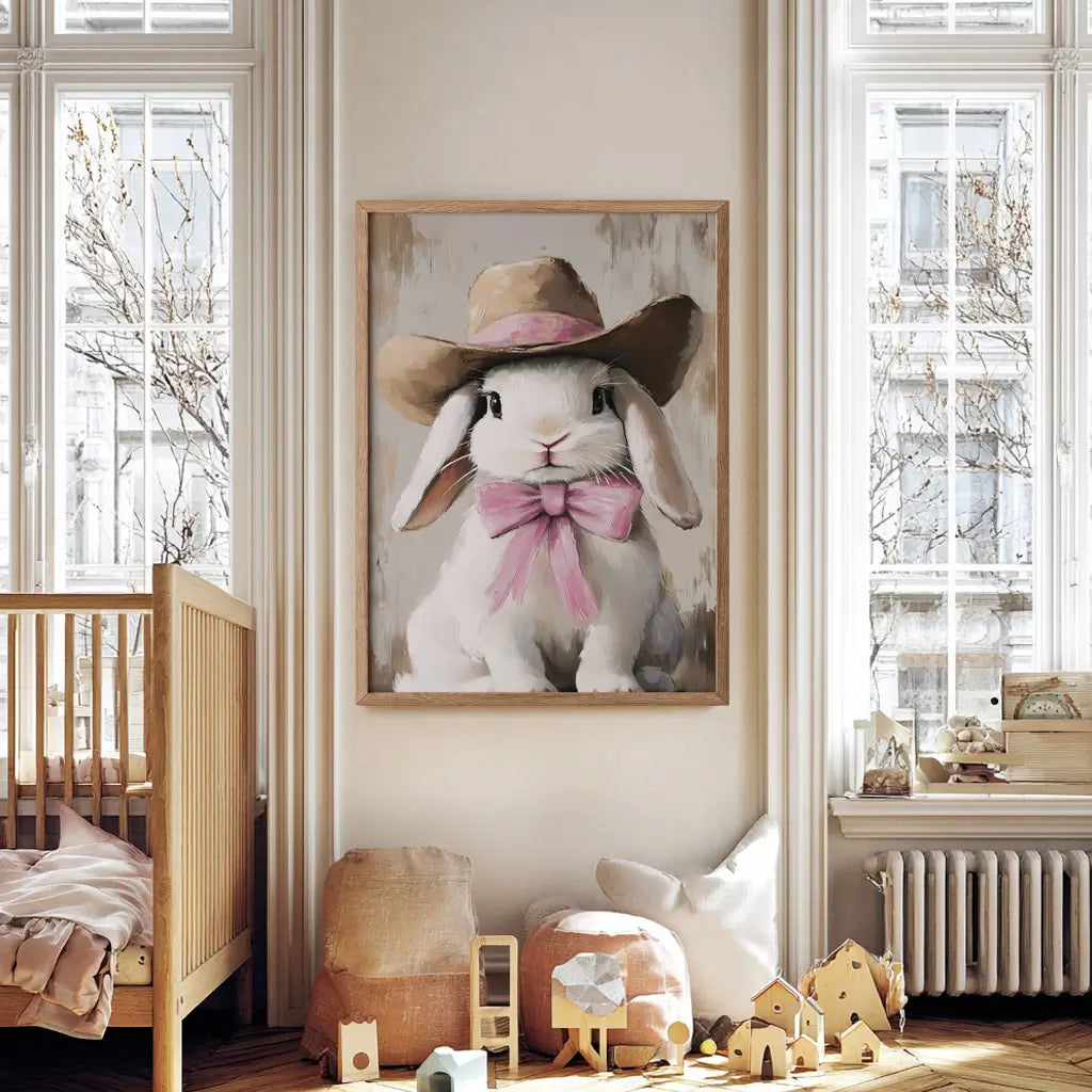 Western girl bunny wall art print for baby and kids’ room décor