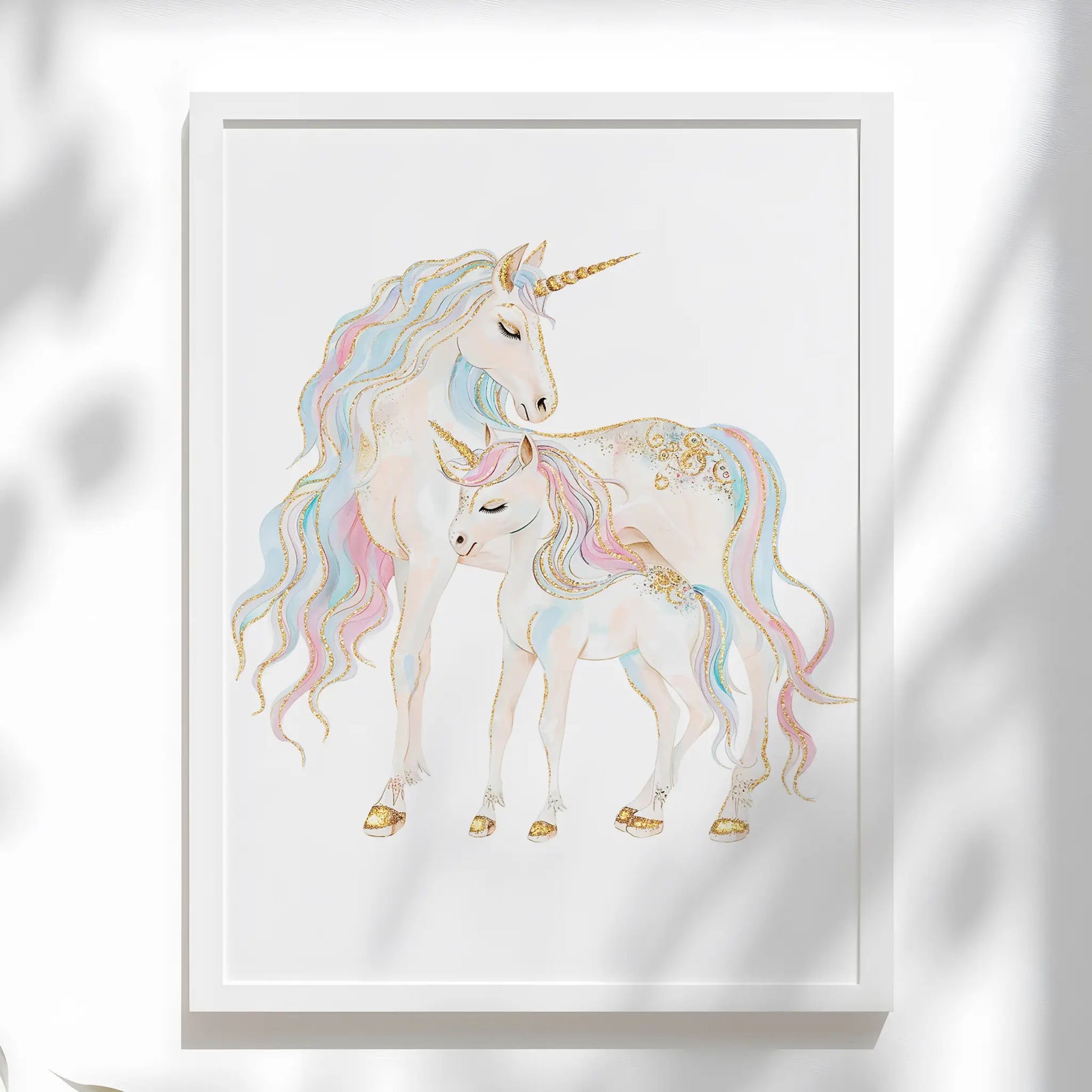 Whimsical Mum & Baby Unicorn Print for Nursery or Bedroom with Glitter Accents