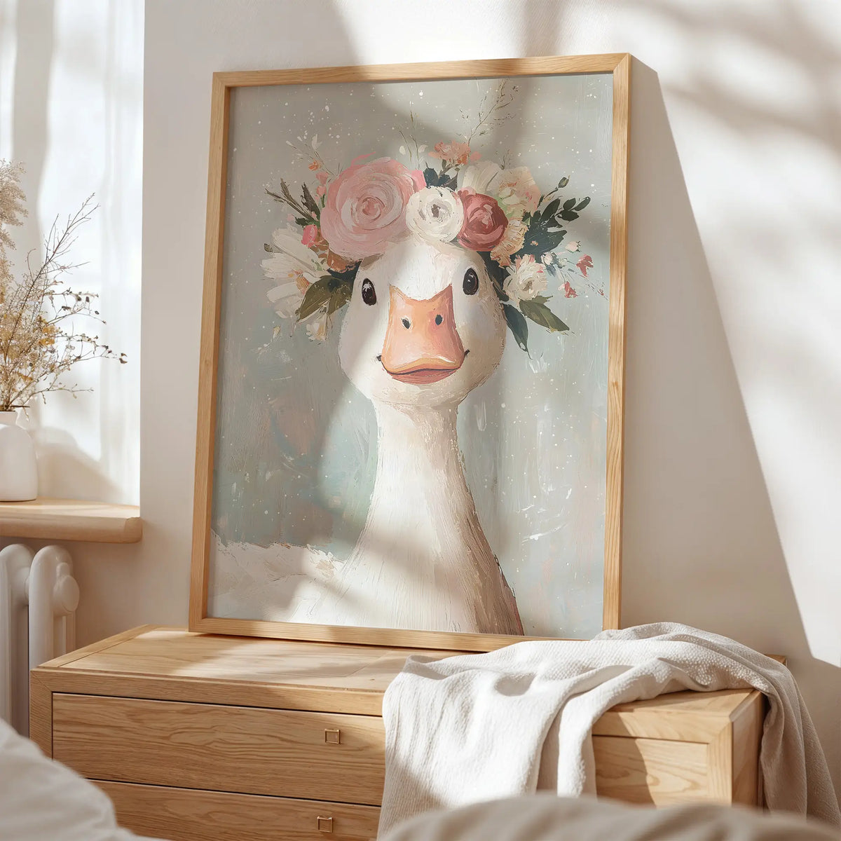 Whimsical duck nursery print in soft pastel tones, perfect for a girl&#39;s bedroom or baby nursery wall