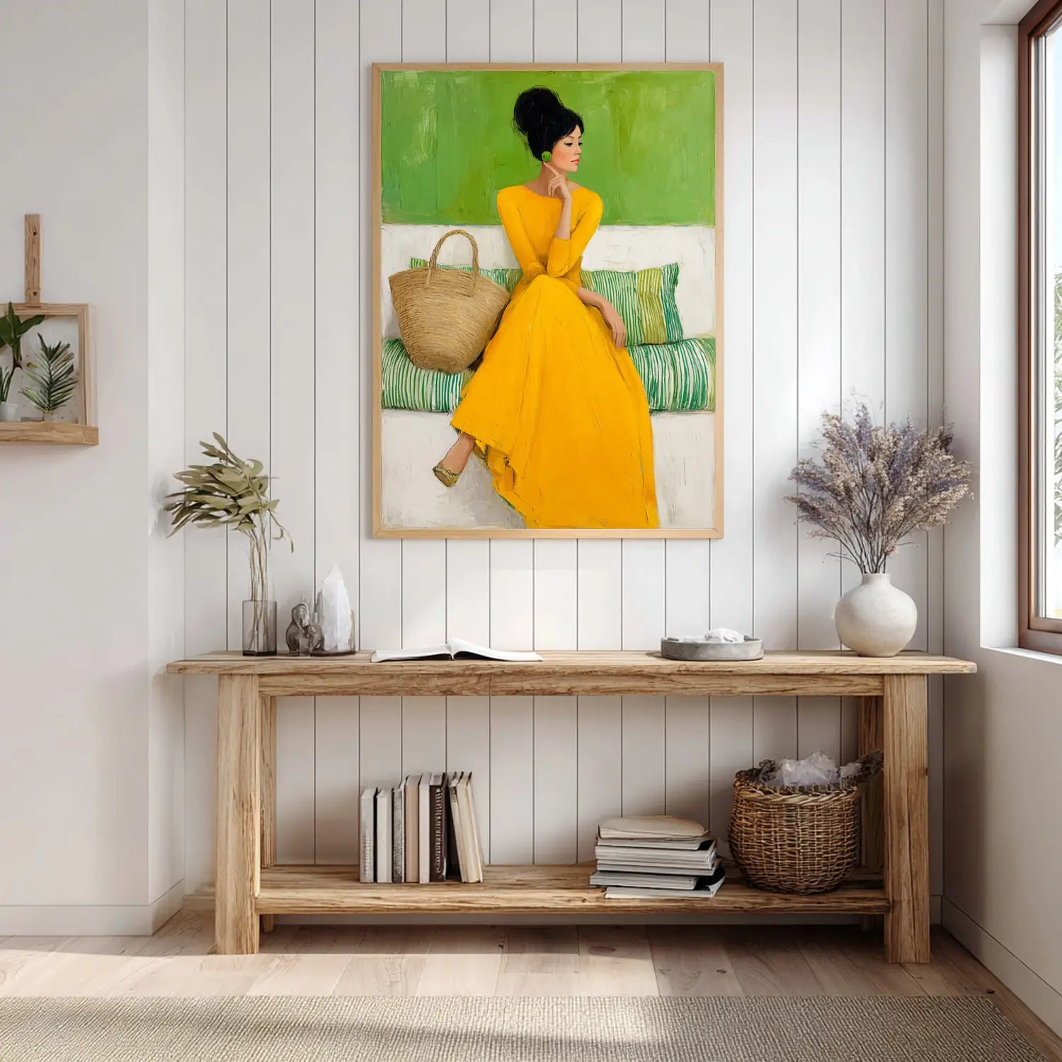 Yellow dress abstract woman artwork in interior setting