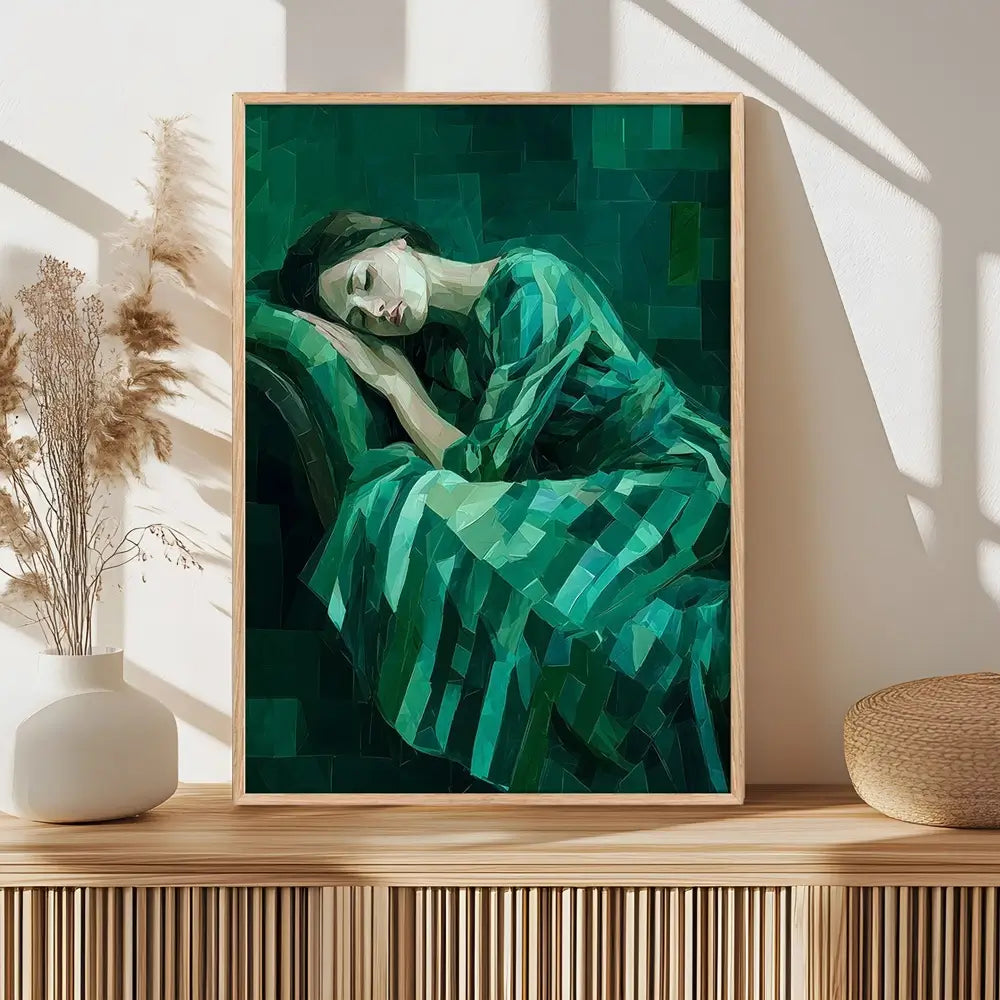 Abstract portrait of a sleeping woman in emerald green tones wall art print