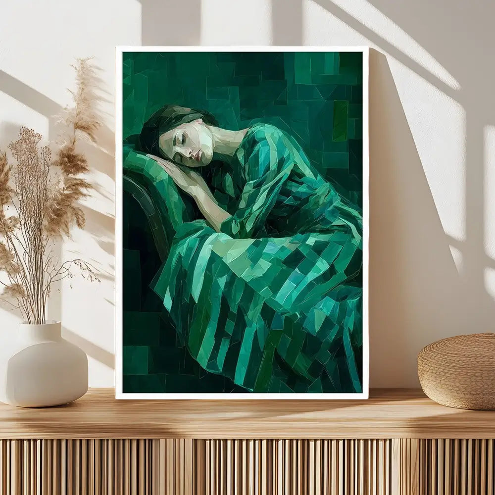 Abstract portrait of a sleeping woman in emerald green tones in white frame