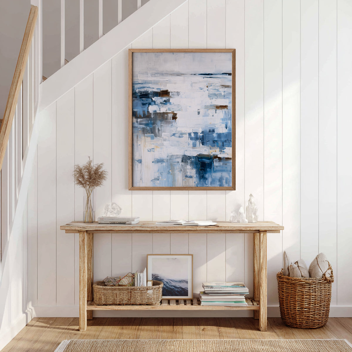 A serene coastal-inspired abstract artwork featuring textured layers of soft whites, ocean blues, and earthy tones