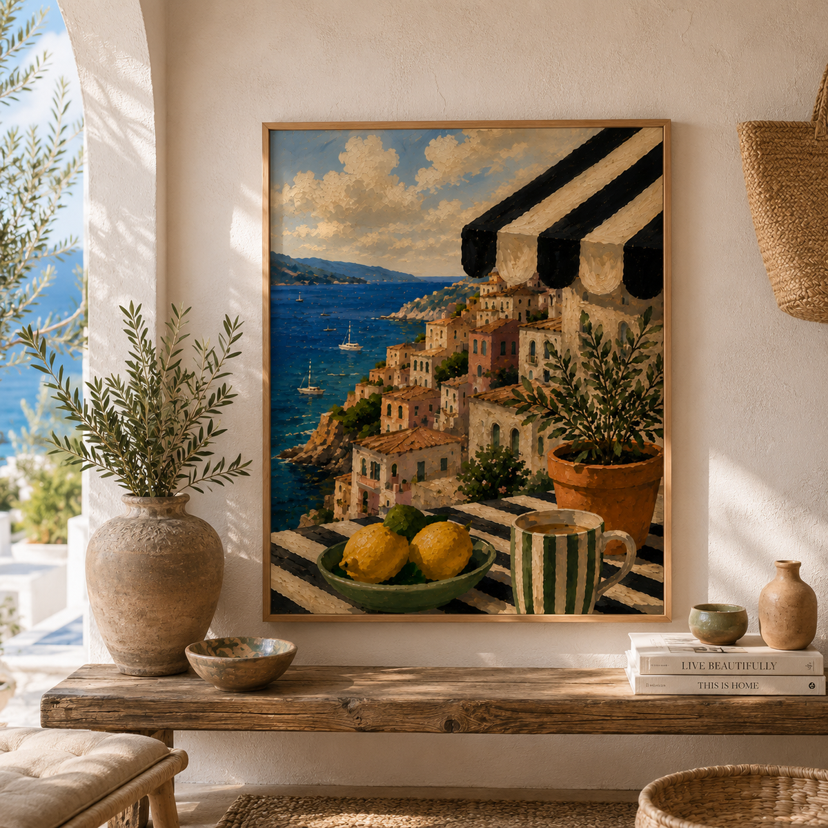 Amalfi Coast wall art featuring colourful Italian coastal village, lemons, striped café awning