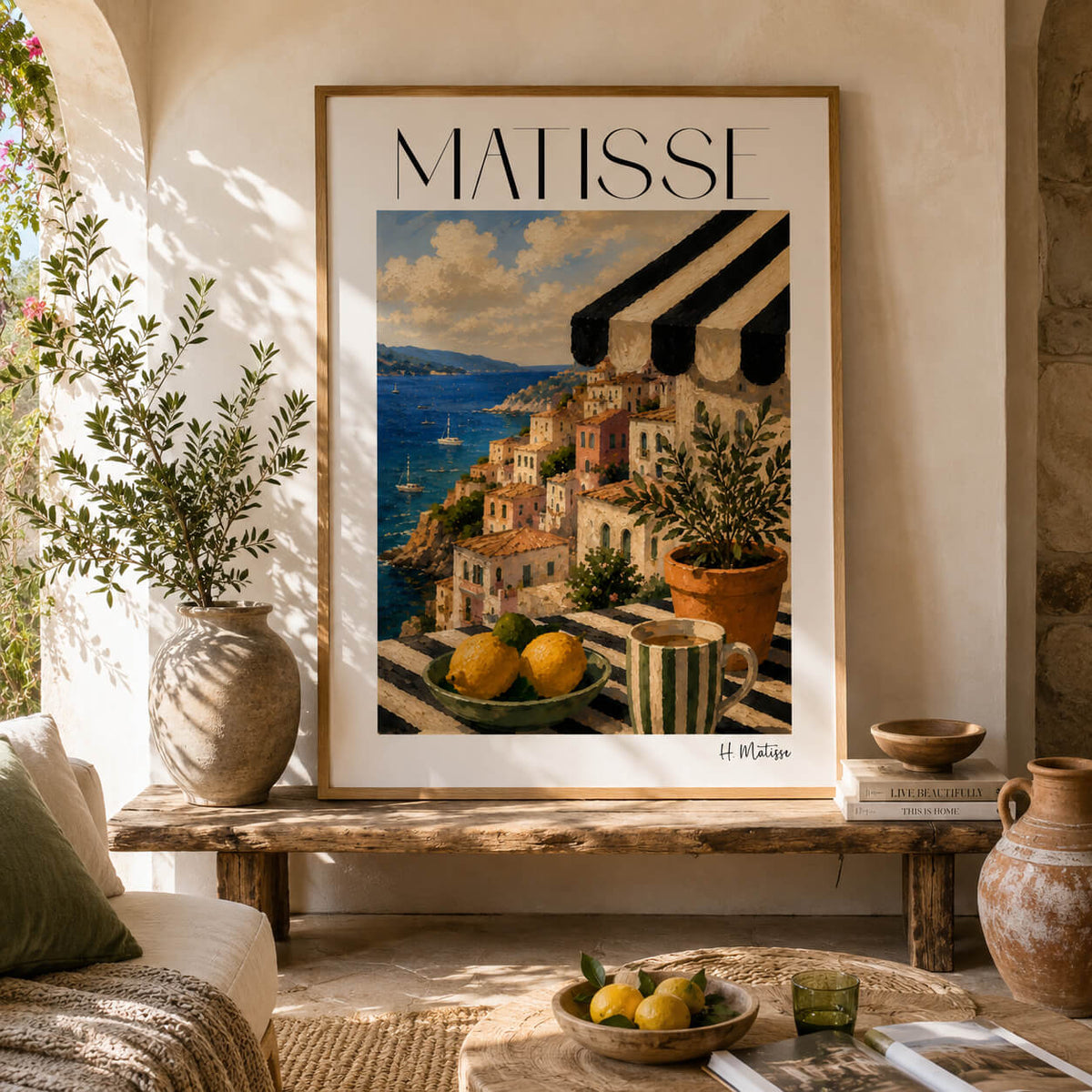 Matisse inspired Mediterranean wall art featuring an Amalfi Coast village, lemons, striped awning and Italian coastal landscape.