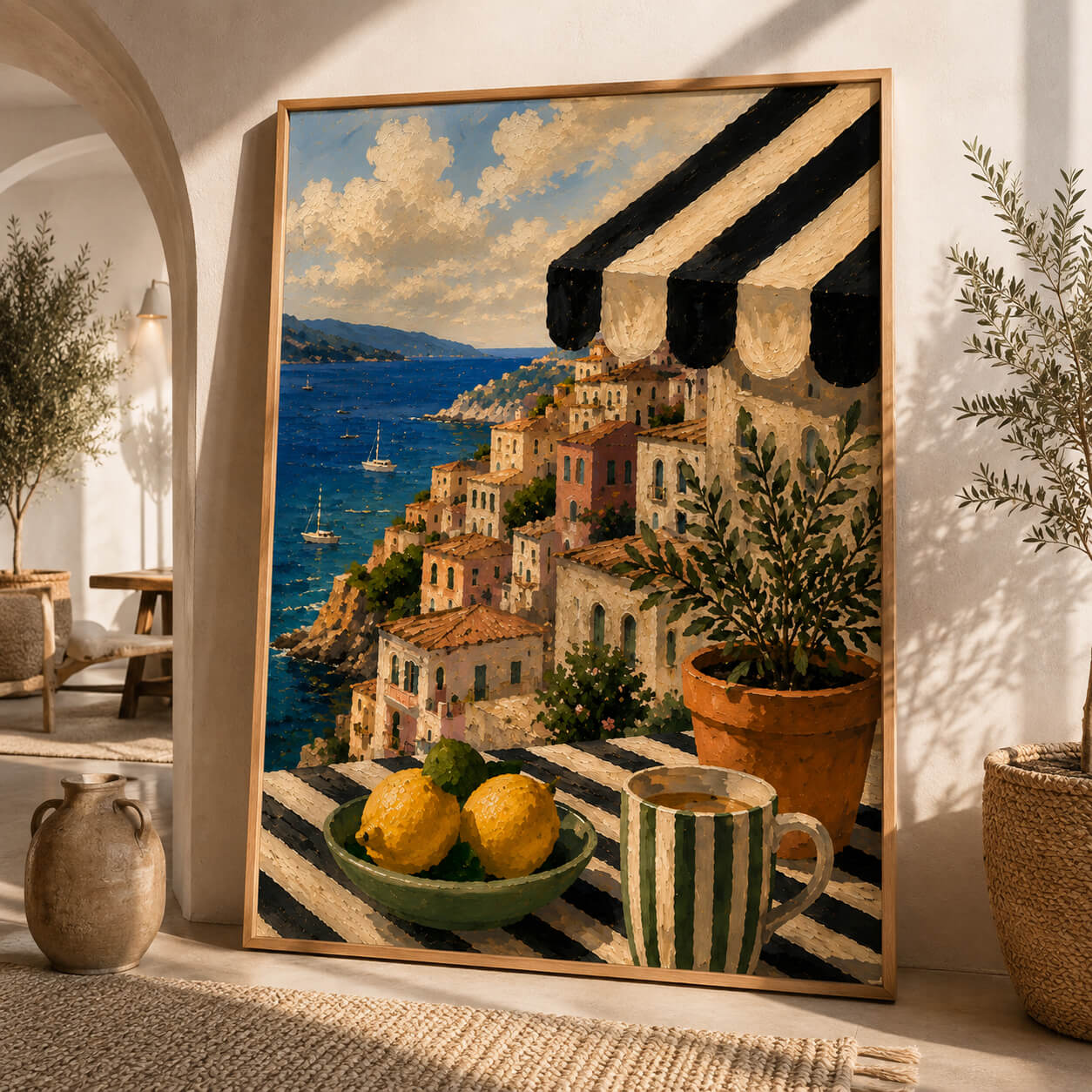 Amalfi Coast wall art featuring colourful Italian coastal village, lemons, striped café awning
