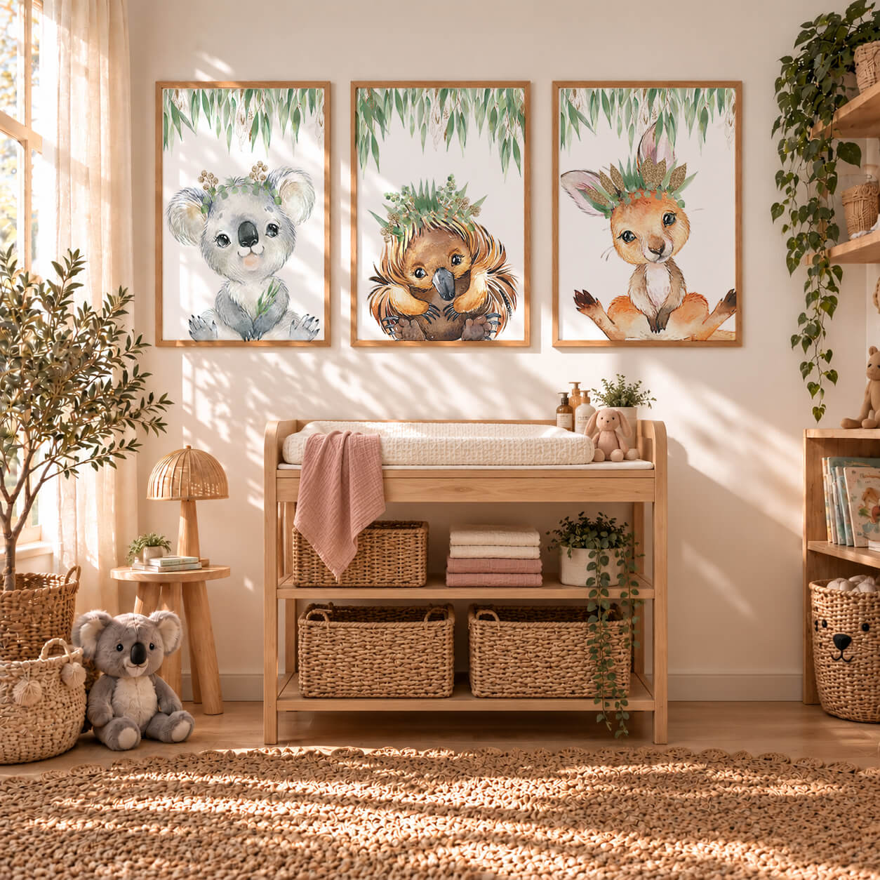 Australian animal nursery print set displayed in natural timber frames above a boho child's bed