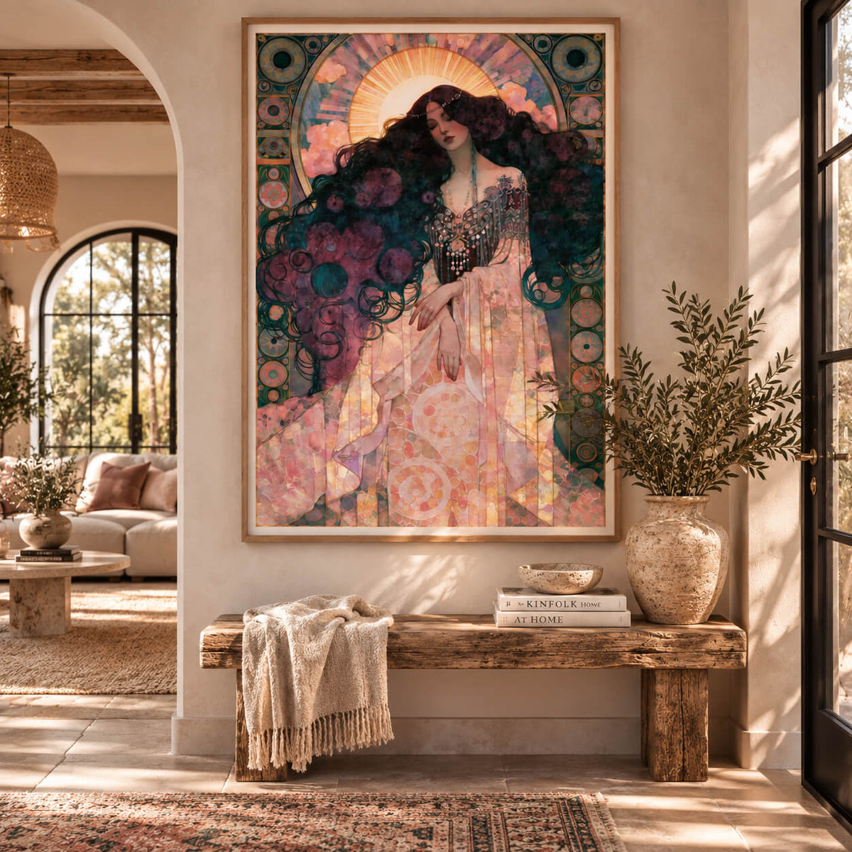 Art Nouveau goddess wall art in natural timber frame styled in a warm living room
