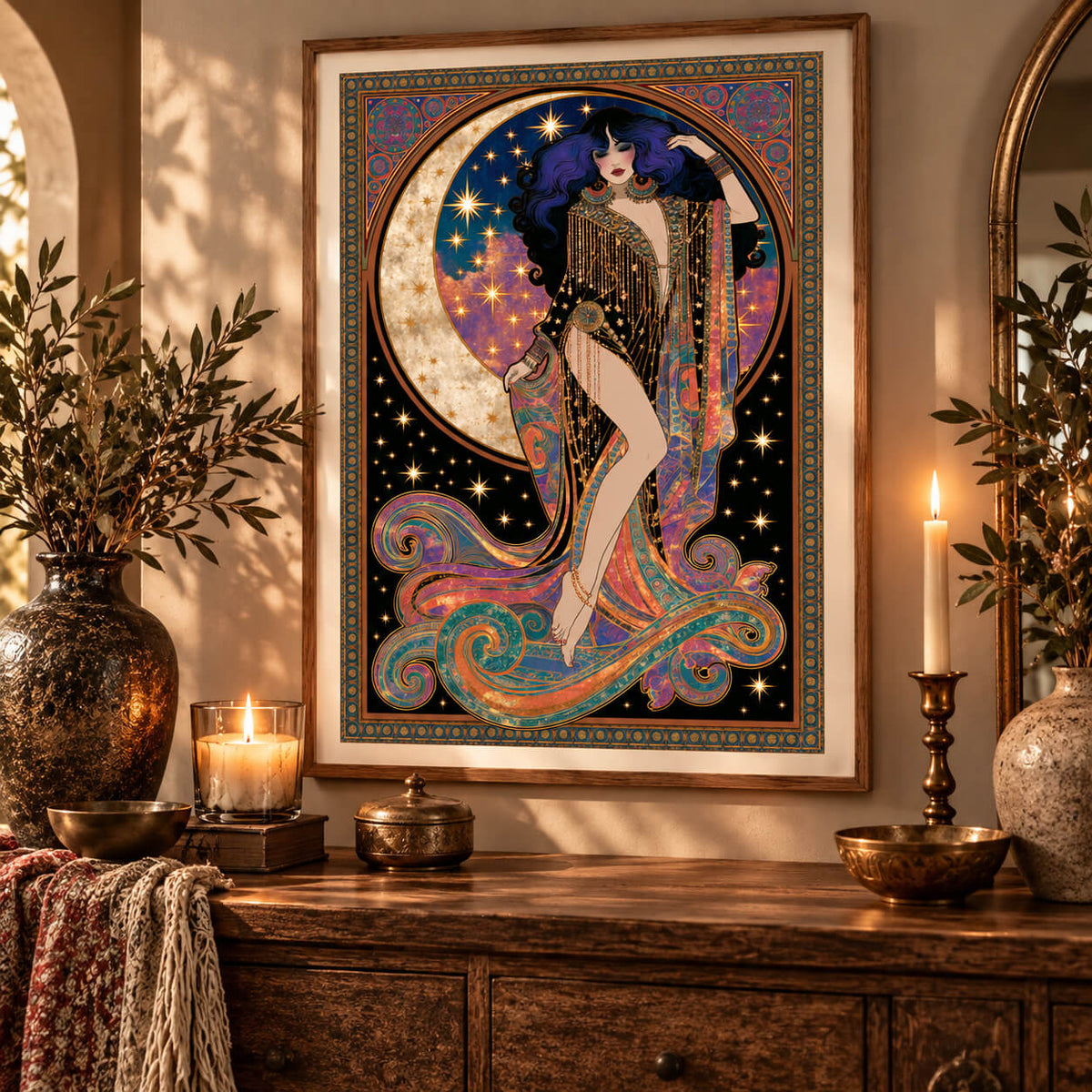 Art Deco wall art featuring a celestial woman with crescent moon and stars