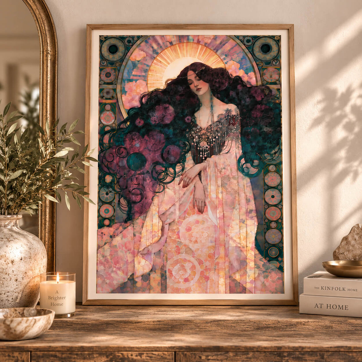 Art Nouveau goddess wall art print with mystical woman, flowing dark hair and celestial halo