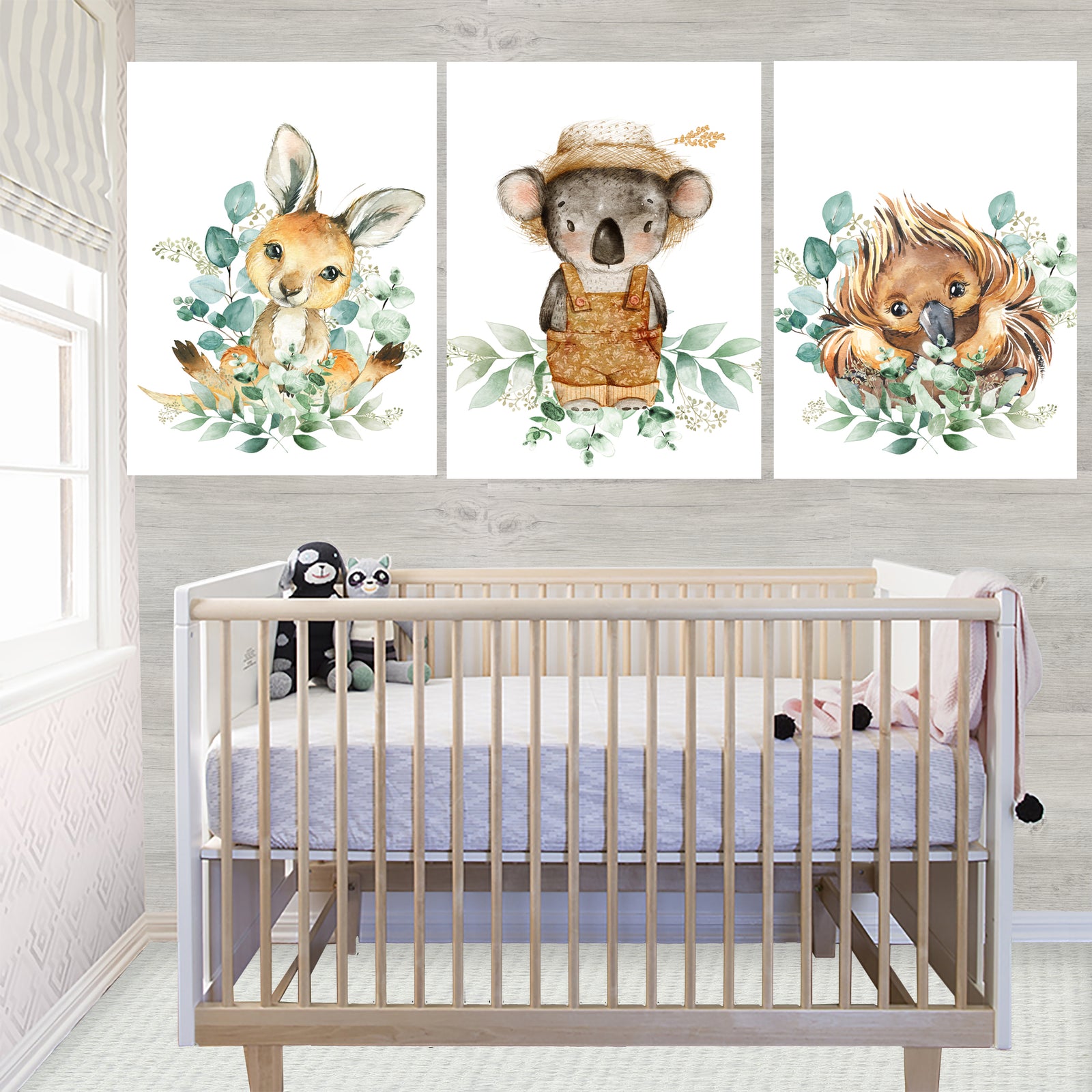 Set of three Australian animal nursery wall art prints with koala, echidna and kangaroo in soft watercolour eucalyptus design