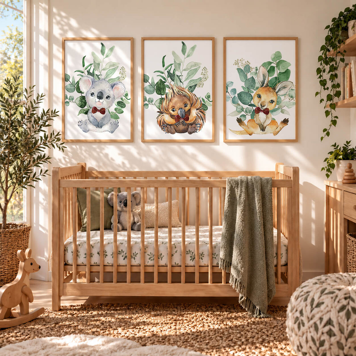 Australian animal nursery wall art prints displayed in natural oak frames above a cot in a sunlit nursery