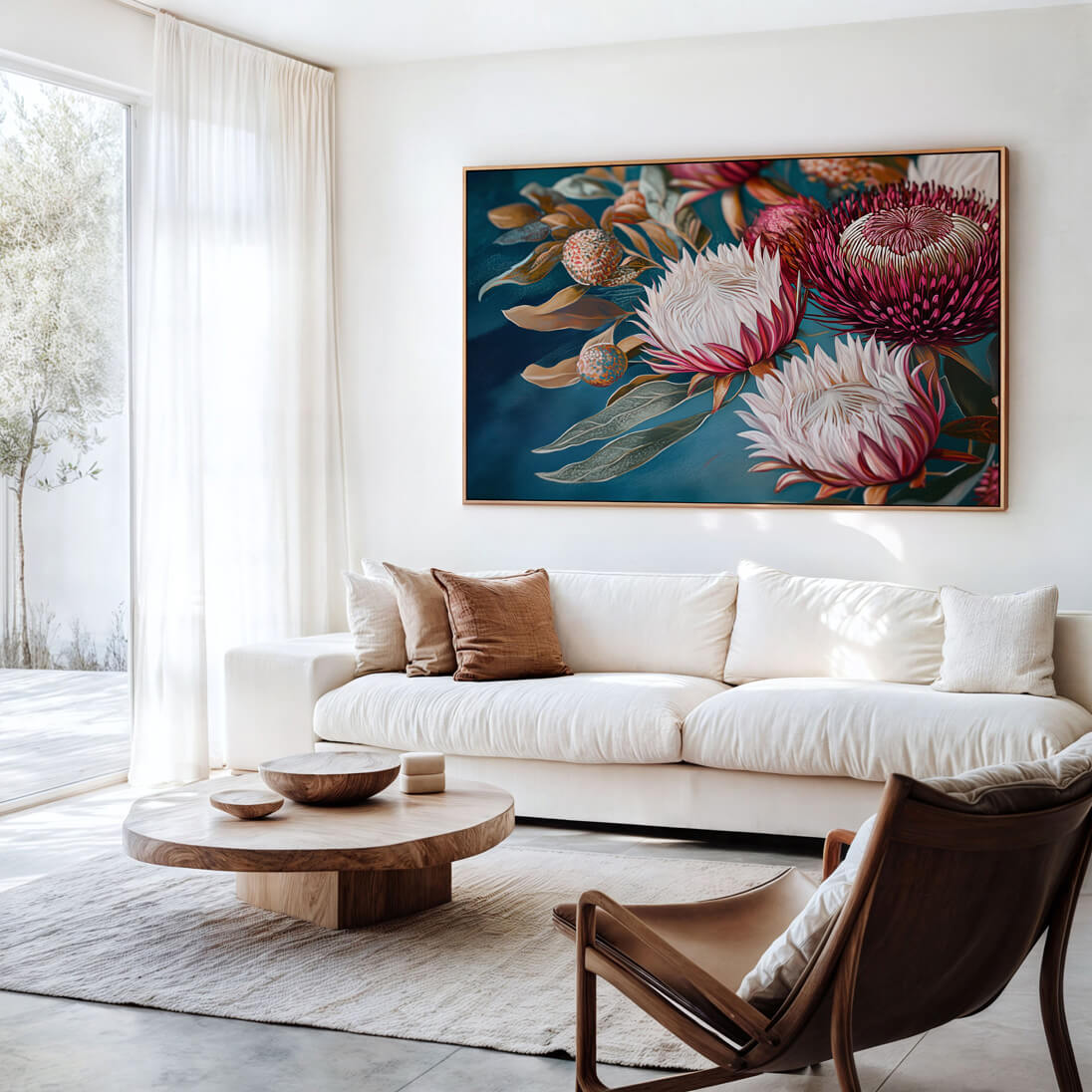 Large framed Australian botanical canvas print with pink waratah flowers and teal background