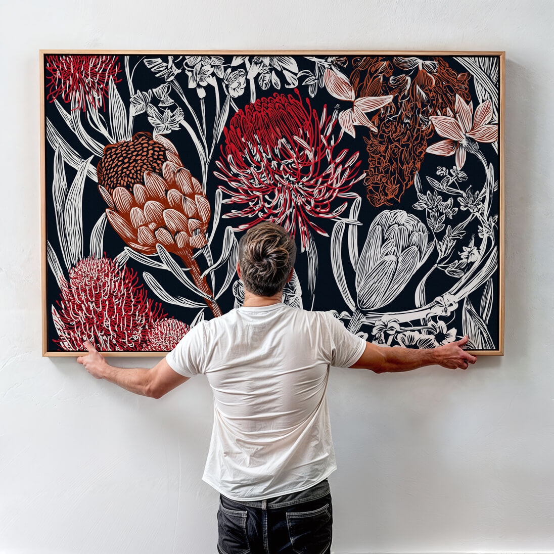 Australian native botanical framed canvas featuring vibrant Banksia, Waratah and native wildflowers in a contemporary linocut illustration style.