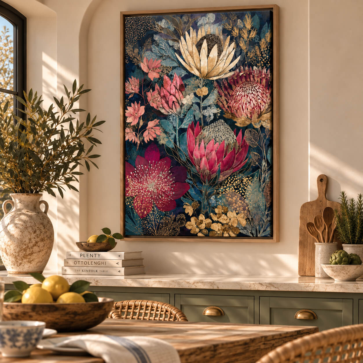 Australian native floral framed canvas wall art featuring pink proteas, burgundy flowers and gold botanical details in a timber floating frame.