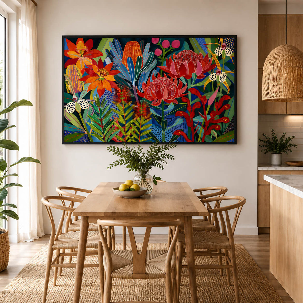 Australian botanical canvas wall art featuring vibrant native flowers in a contemporary black frame