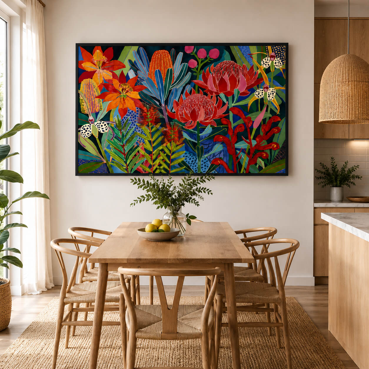 Australian botanical art print with bold native flowers and lush foliage displayed in a modern natural timber frame.