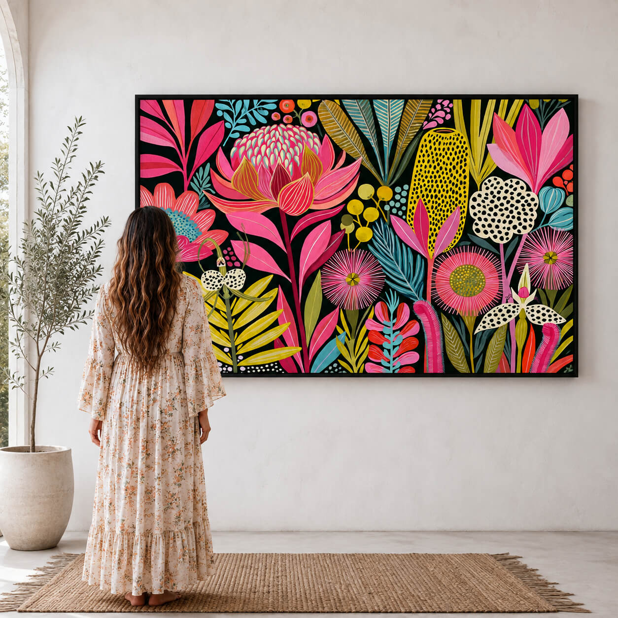 Colourful Australian native floral wall art print featuring stylised waratahs, banksias and native wildflowers