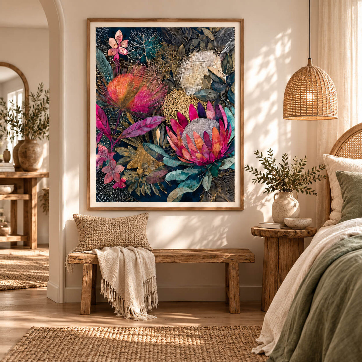 Colourful Australian botanical wall art featuring vibrant native flowers on a dark background