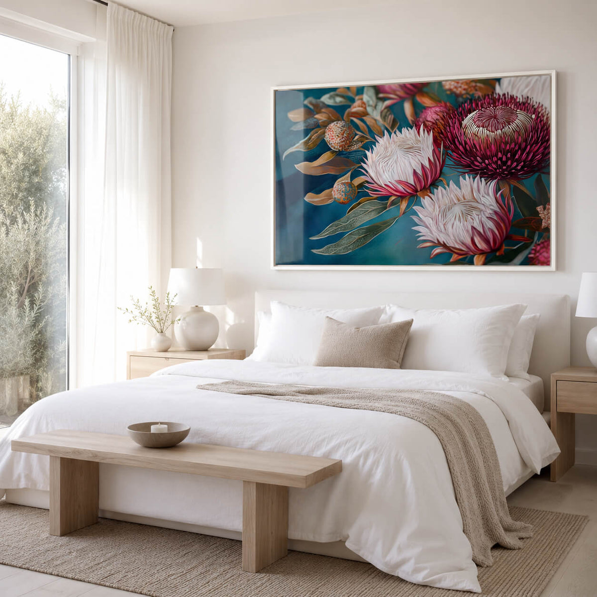 Large framed Australian botanical framed art print with pink waratah flowers and teal background in modern bedroom