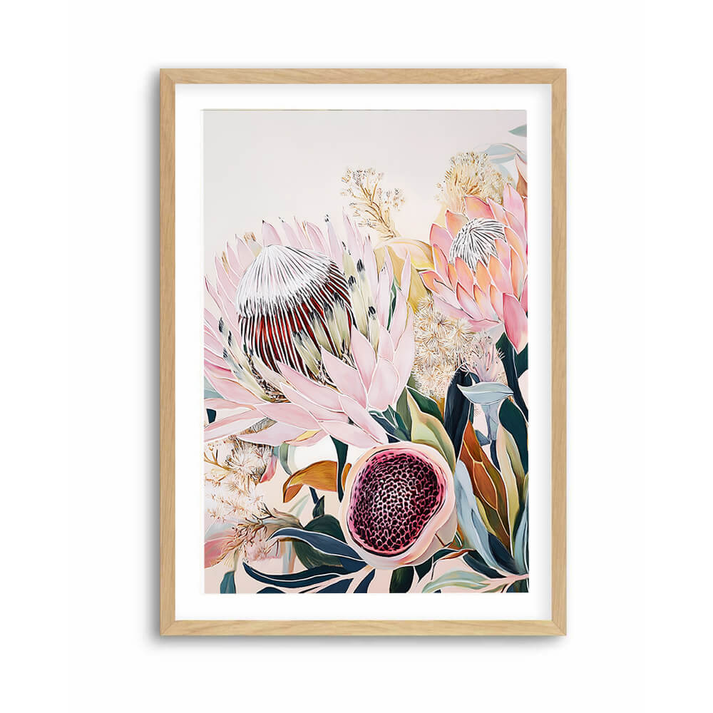 Australian Native Protea Wall Art in Oak Frame Display