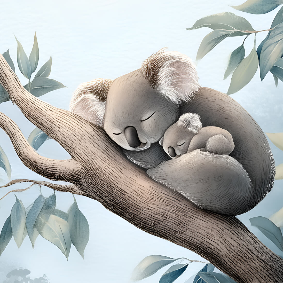 set of three sleeping koala nursery prints in blue green eucalyptus tones