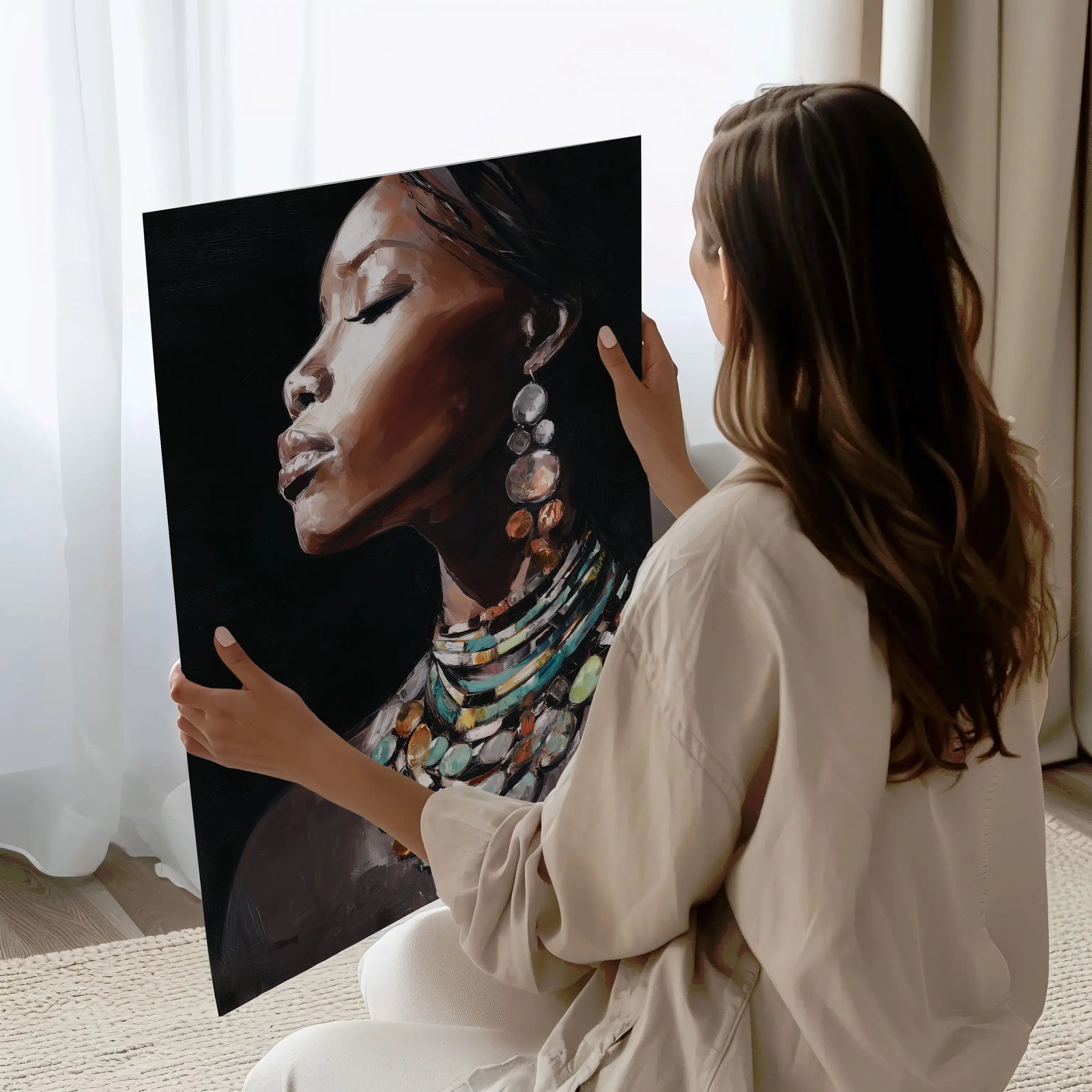 Black woman art print featuring a modern African woman portrait with rich tones