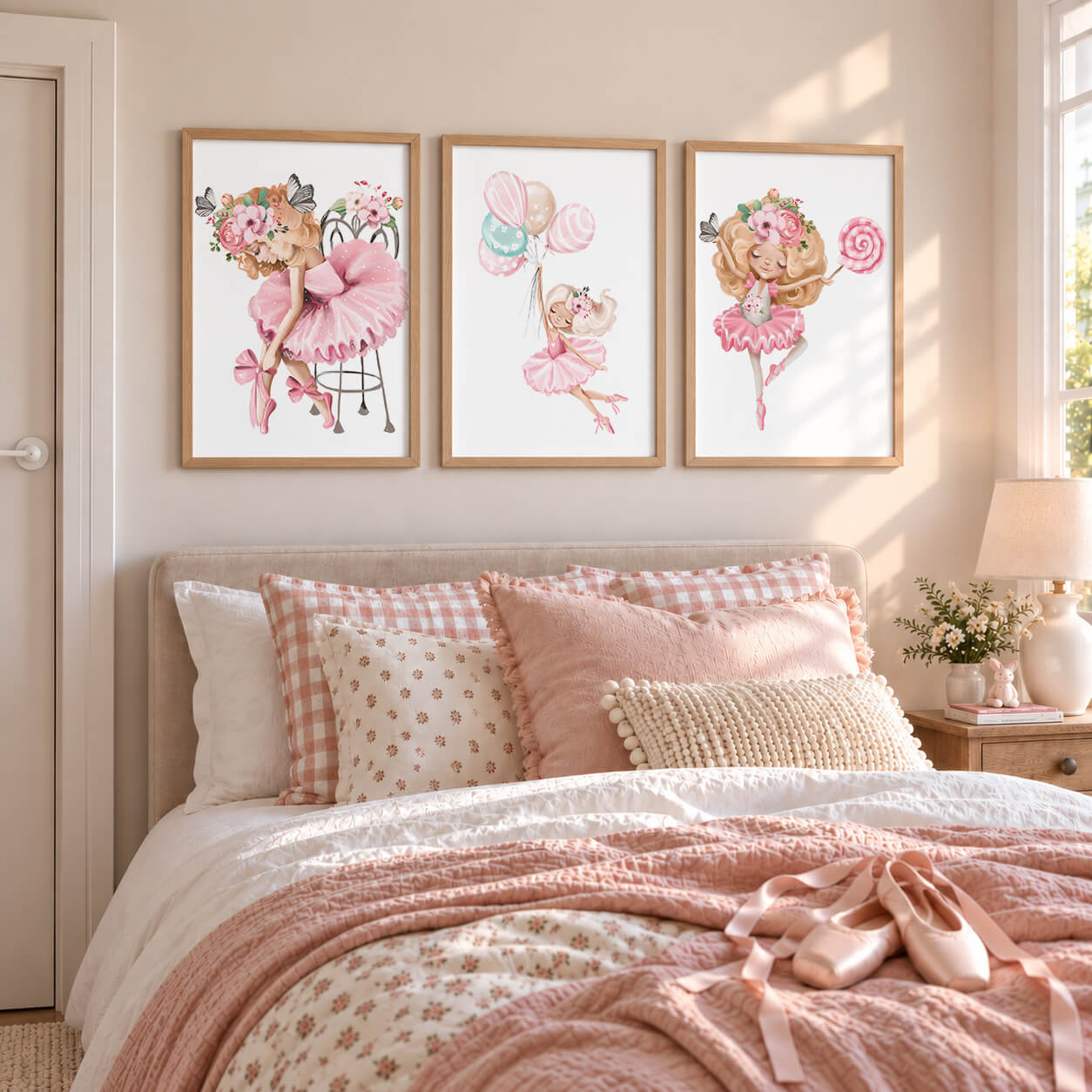 lustrated ballerina prints featuring young dancers in graceful ballet poses, perfect for nursery or playroom decor.