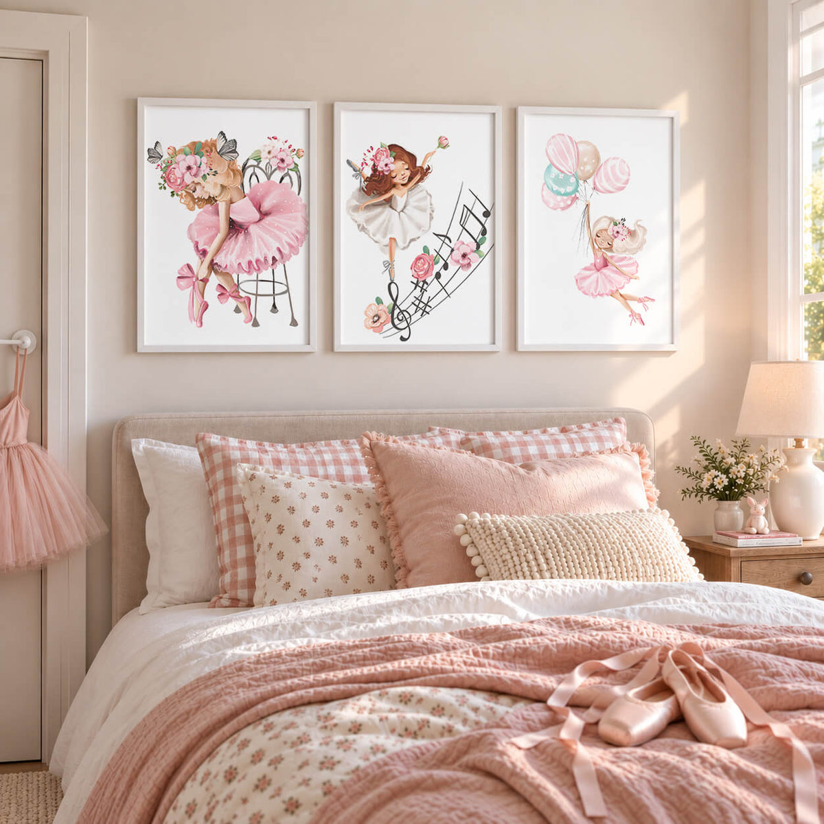 A set of three white framed wall art prints featuring illustrations of ballerinas, mounted on a wall above a bed in a child's bedroom.