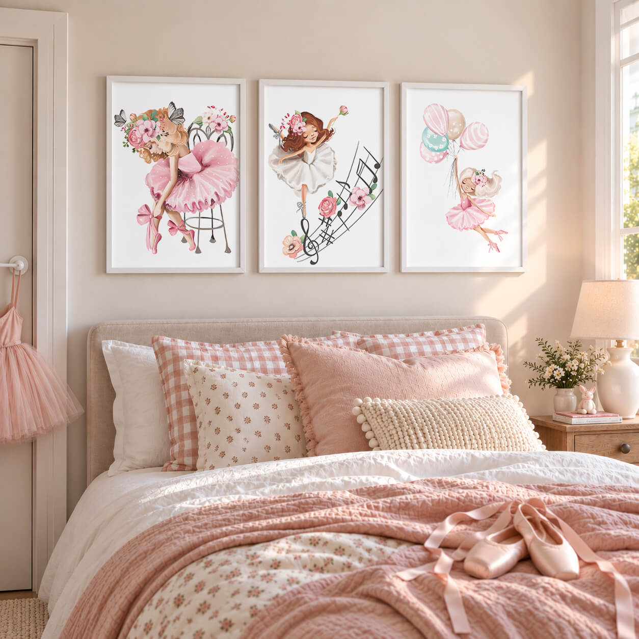 A set of three  oak framed wall art prints featuring illustrations of ballerinas, mounted on a wall above a bed in a child's bedroom.