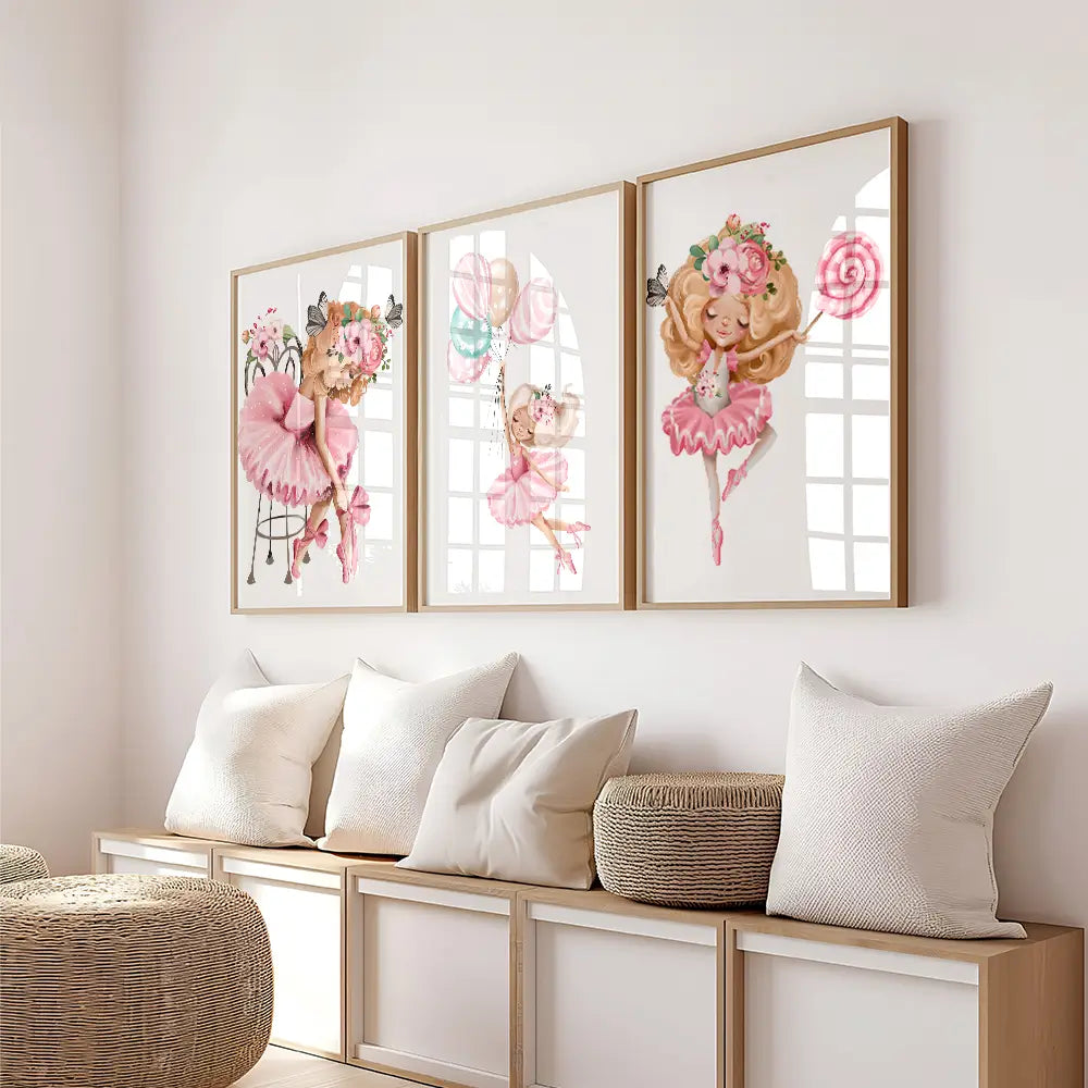 llustrated ballerina prints featuring young dancers in graceful ballet poses, perfect for nursery or playroom decor.