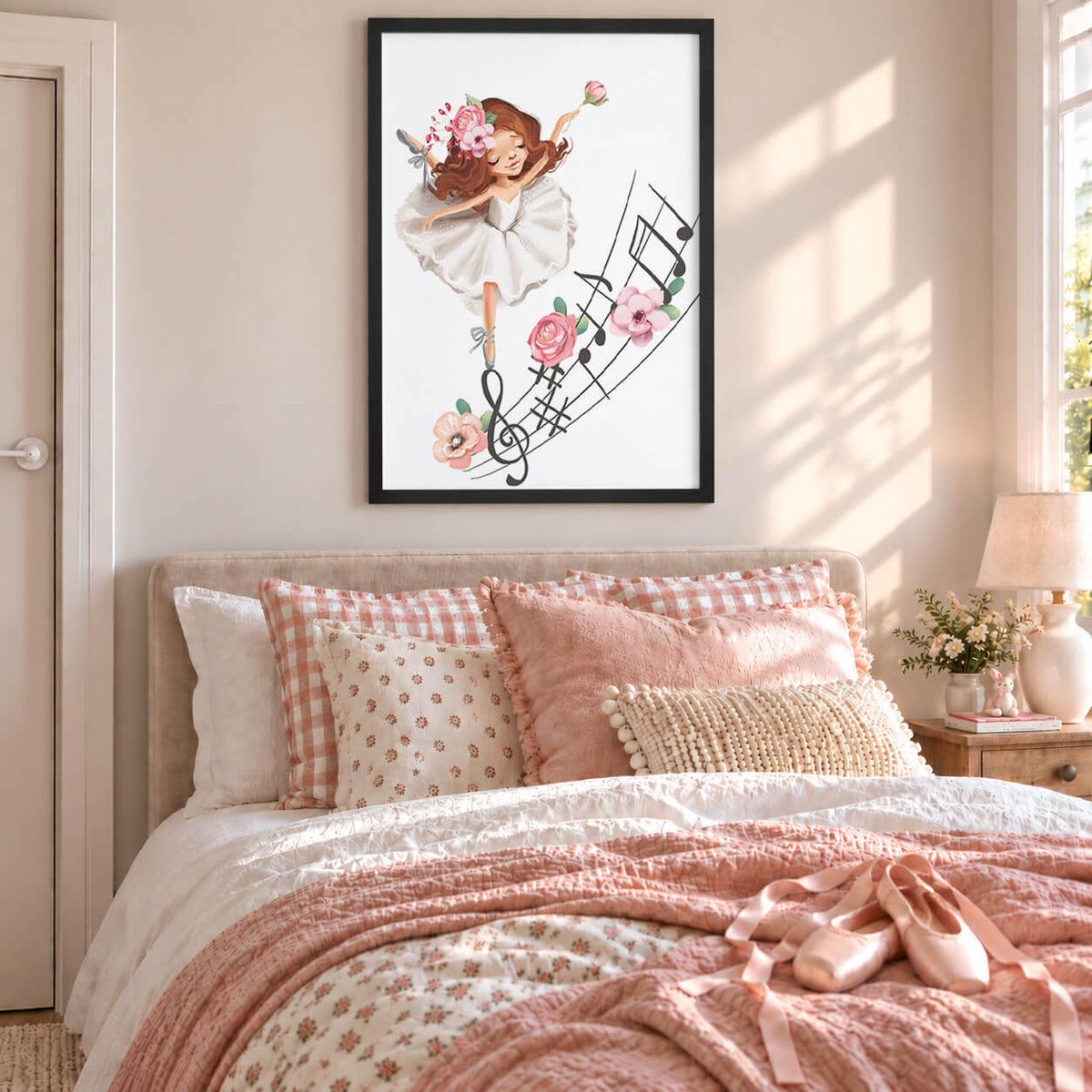 Black Frame: Girls ballerina wall art featuring a brunette ballet dancer, floral details and musical notes displayed in a modern black frame.