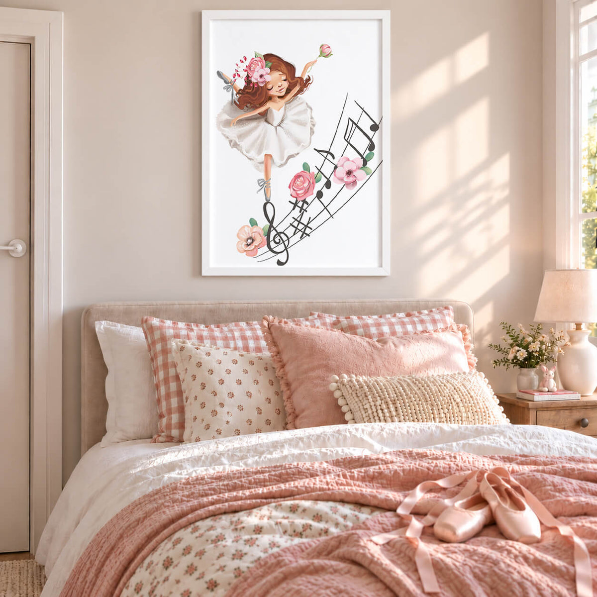 White Frame: Ballerina wall art print featuring a brunette ballet dancer with pink florals and musical notes displayed in a white frame above a girls bed.