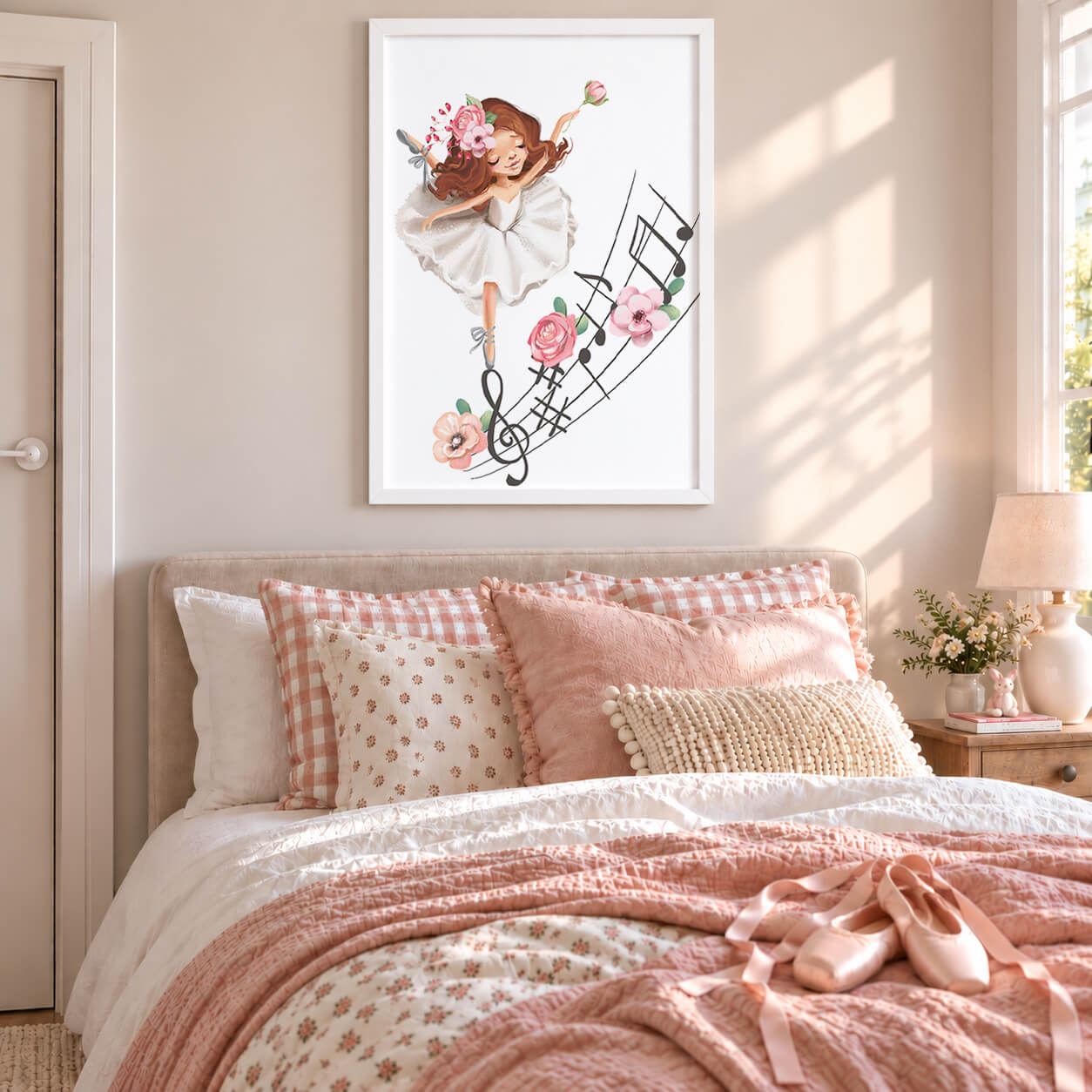 White Frame: Ballerina wall art print featuring a brunette ballet dancer with pink florals and musical notes displayed in a white frame above a girls bed.