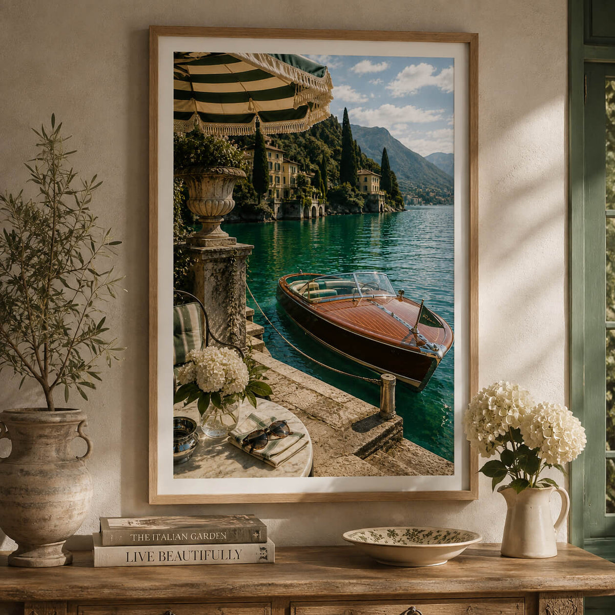 Mediterranean wall art featuring a wooden boat on emerald water with Italian coastal villas