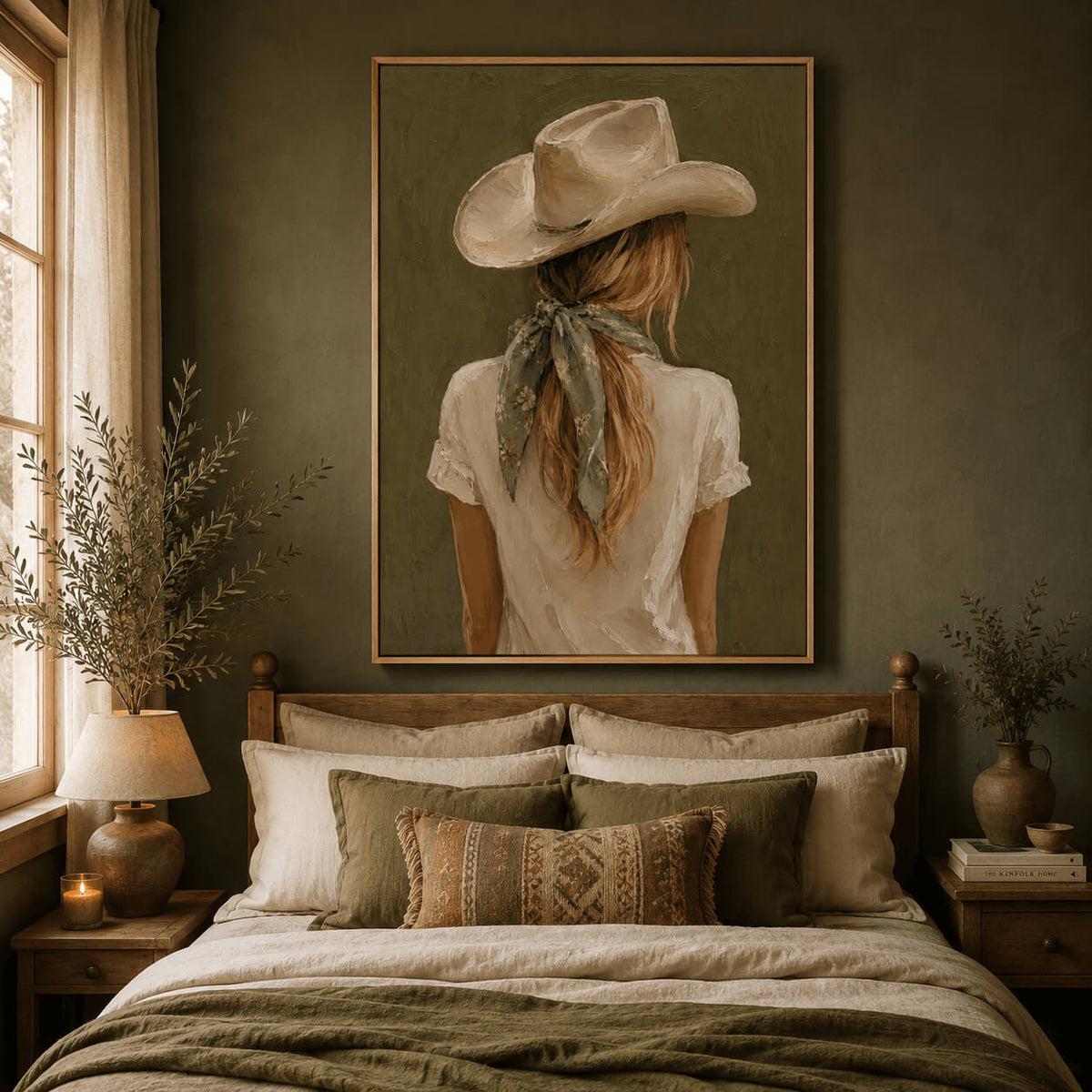 Olive green western wall art with neutral country inspired colour palette
