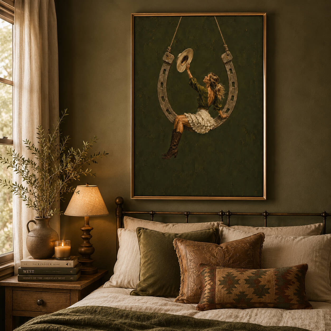 Cowgirl horseshoe wall art featuring woman sitting on a hanging horseshoe swing