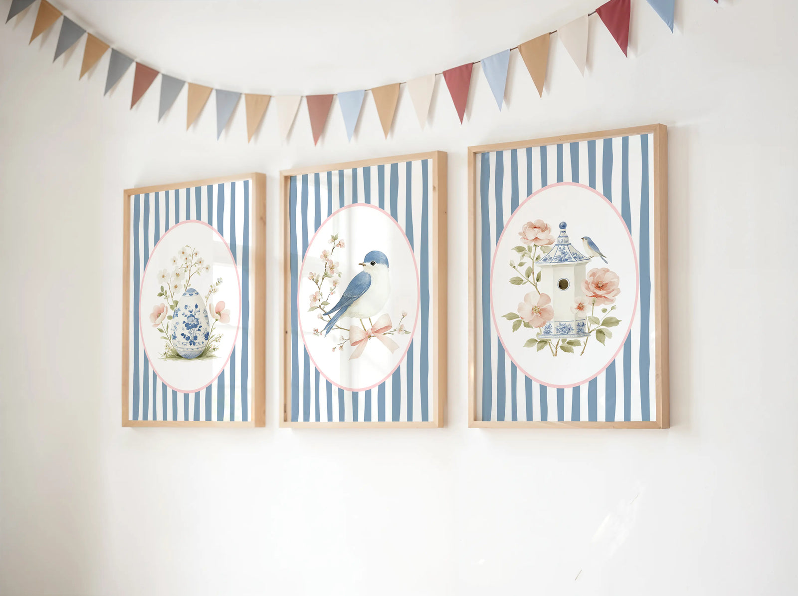set of three bird art Nursery Prints. Includes a set of three delicate prints featuring a pretty blue bird, floral arangement and french egg.