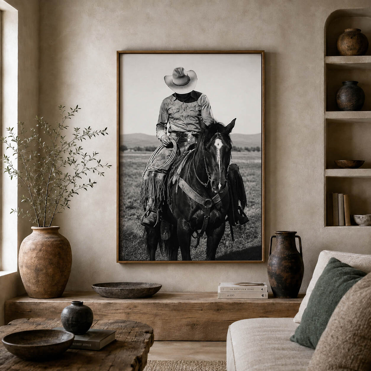 Black and white cowboy on horseback wall art featuring a traditional ranch cowboy wearing a western hat, leather chaps and holding a rope.