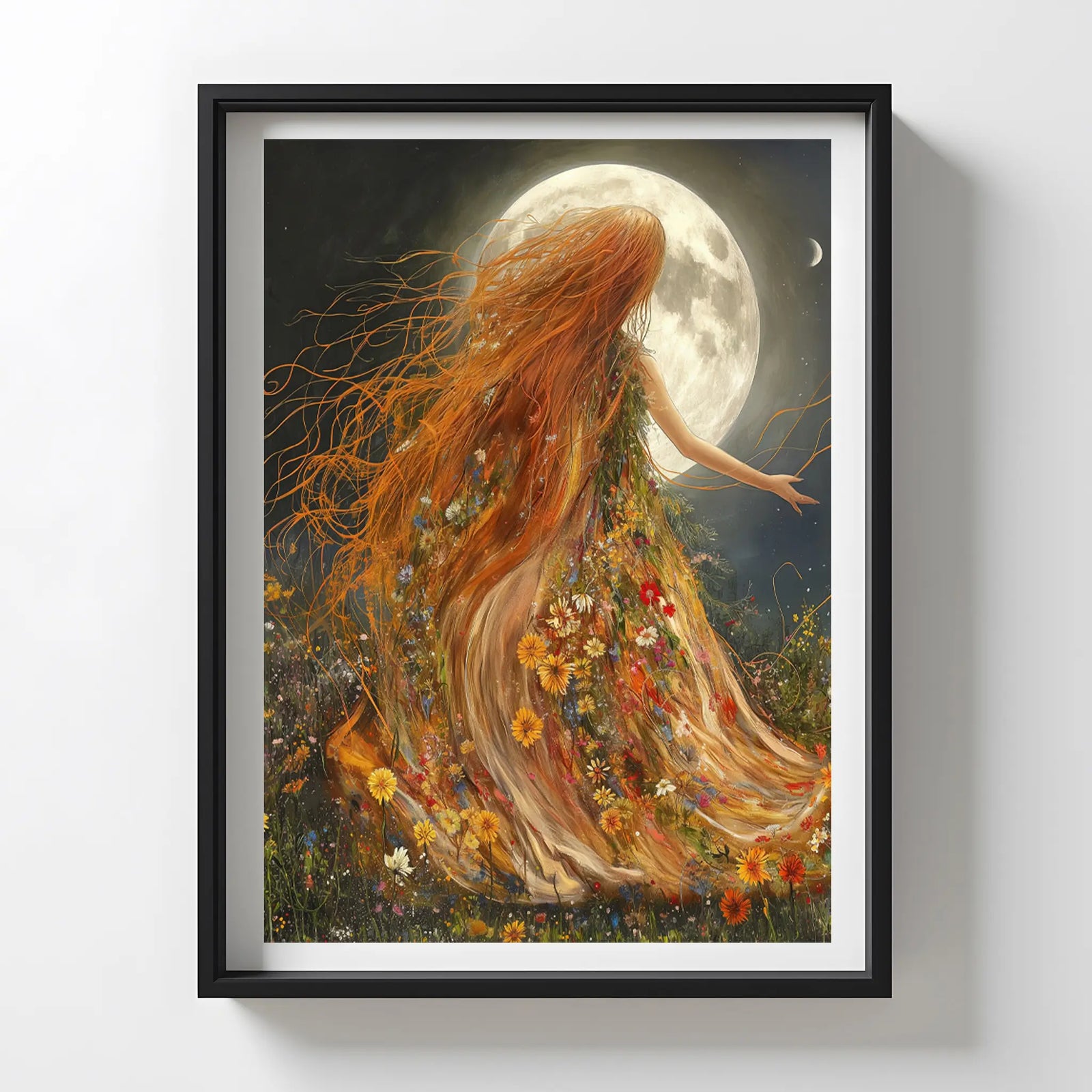 Divine feminine figure under full moon